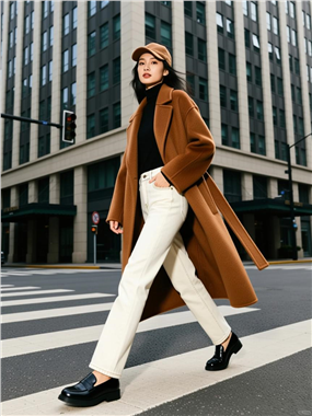 焦糖色长款大衣美女街拍写真图片